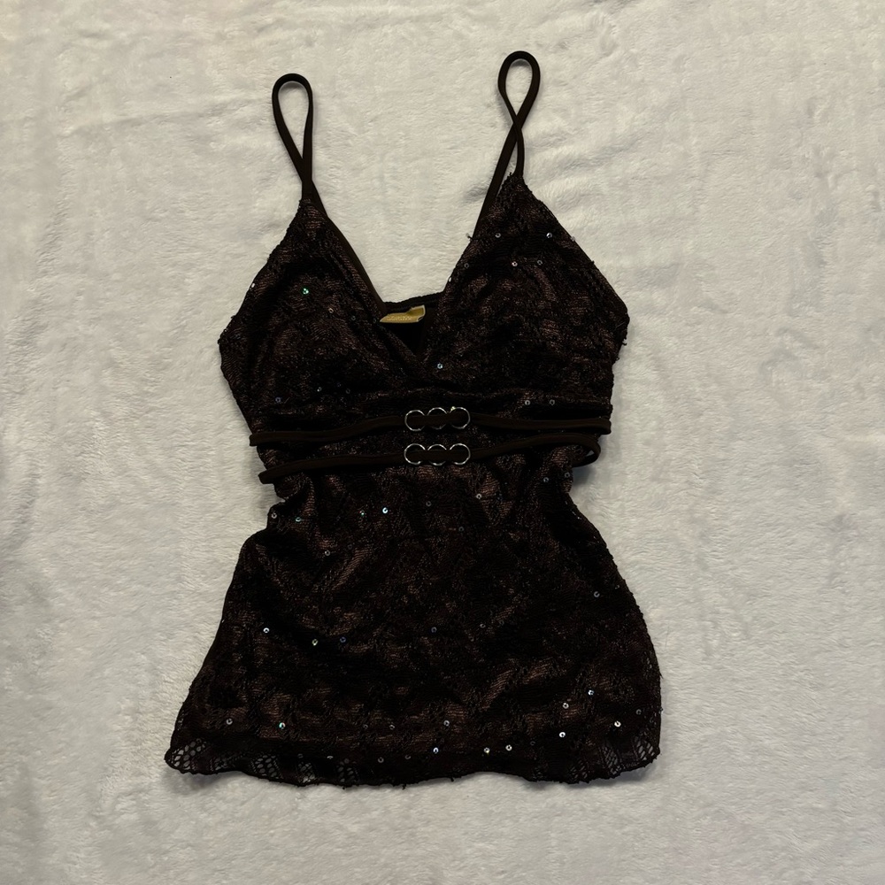 Dark brown top with small waist belt